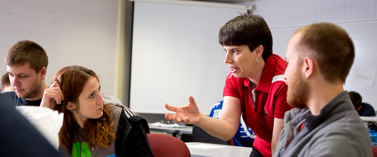 Professor Diane Evans talks with students during one of her classes at Rose-Hulman