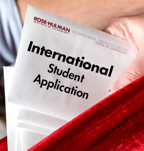 Rose-Hulman Office of Admissions envelopes with the words “International student application.”