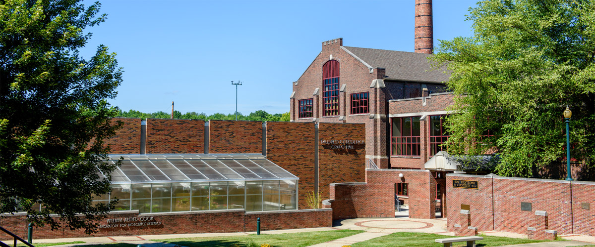 Image shows Moench and Crapo halls and also the Cook greenhouse.