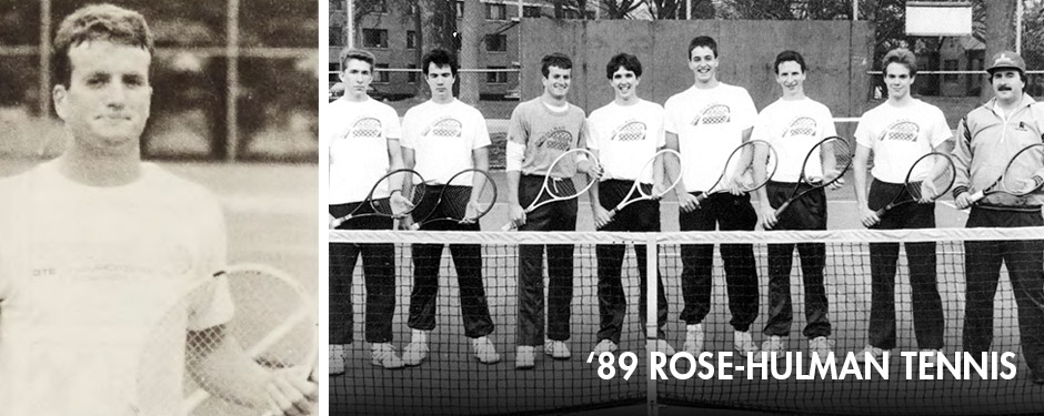 Evan Kokoska class headshot on left and '89 Rose-Hulman tennis team on right