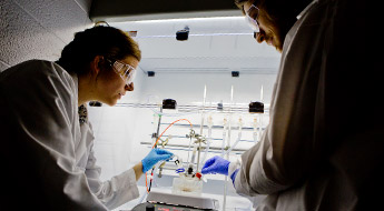 A student and professor examine the results of an experiment in a biology laboratory. 