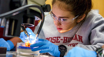 A professor discusses an experiment with a student in a biology lab.