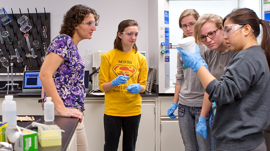 Students and a professor examine the results of an experiment inside a biomedical engineering laboratory.