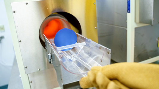 A disc about to enter an oven in the MiNDS lab.