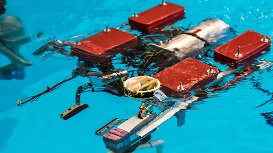 Underwater robot breaks the surface in a pool.