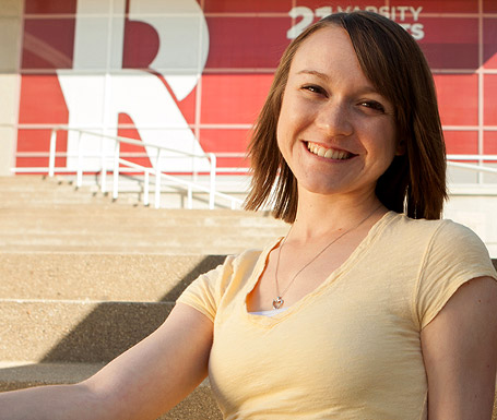 Betsy Jones smiling outside the student recreation center