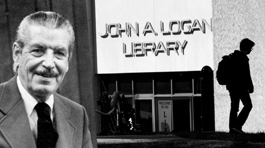 John A. Logan and the entrance to the library.