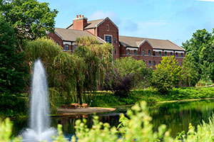 campus lake and building