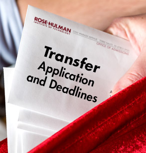 Rose-Hulman Office of Admissions envelopes with the words “Transfer application and deadlines.”