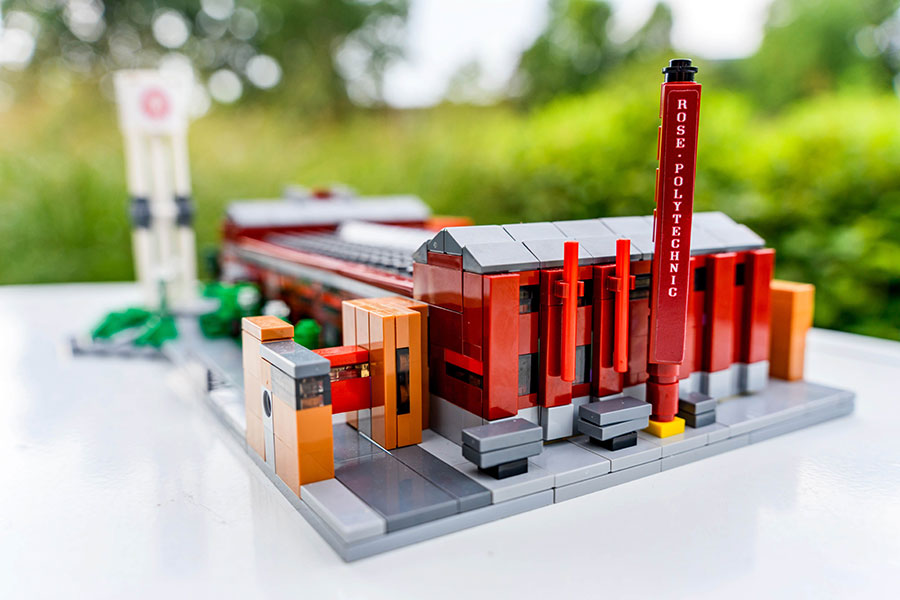 Image shows LEGO bricks forming Moench hall building