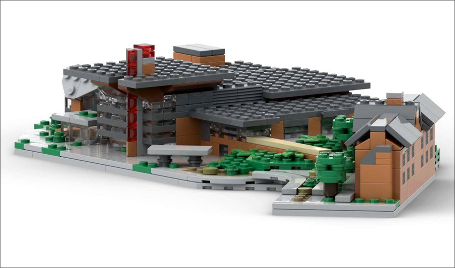Image shows LEGO bricks forming Mussallem Union and Deming Hall with trees.