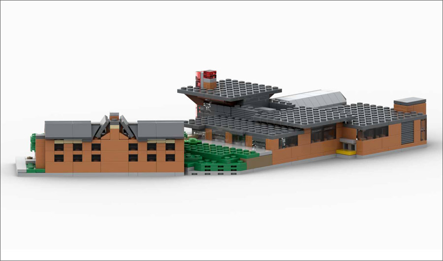 Image shows LEGO bricks forming Mussallem Union and Deming Hall with trees.