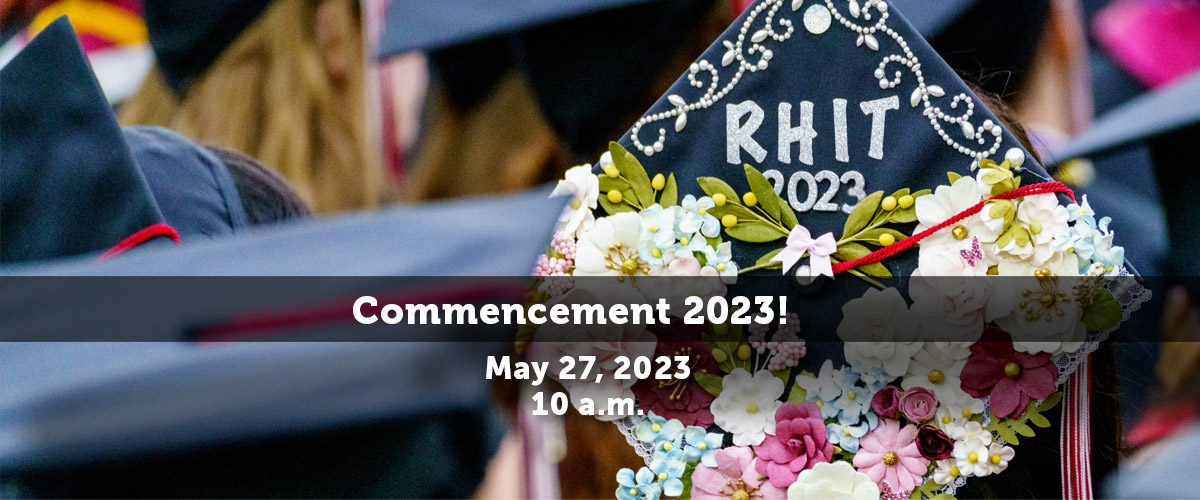 Image shows graduate mortar board with the Rose-Hulman R painted on it.