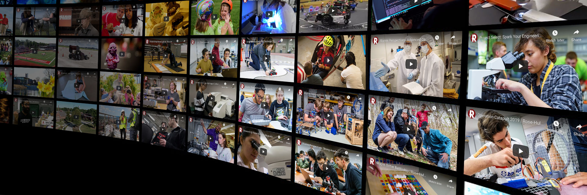 Grid of Rose-Hulman YouTube videos extending to far into the distance fading to black