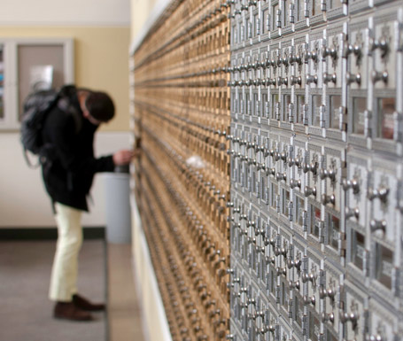 A bank of campus mailboxes in Moench Commons.