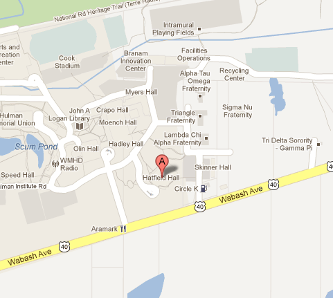 Map of Rose-Hulman and surrounding area highlighting Hatfield Hall.