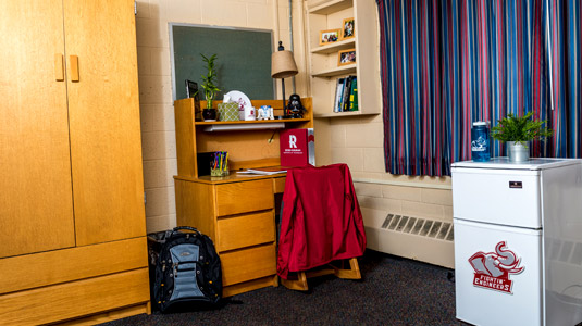 Wardrobe, desk, and mini fridge in a room in BSB