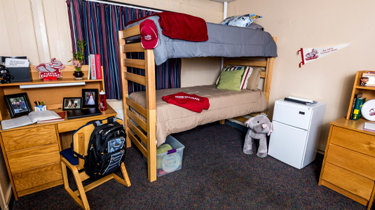 Bunk beds, mini fridge, and desks in aroom in Deming Hall