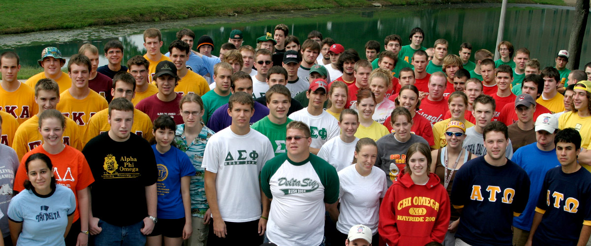 Large group of students from every campus sorority and fraternity gathered in front of Speed Lake.