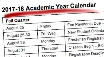 Photo showing snippet of 2017-2018 academic calendar.