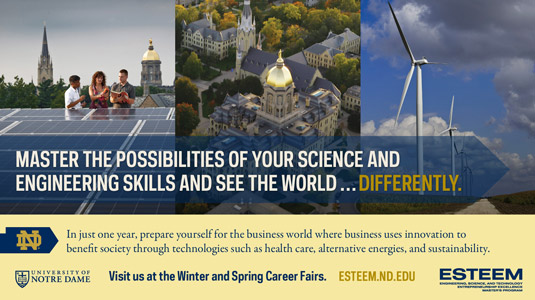 Promotional image featuring Notre Dame campus and wind turbine