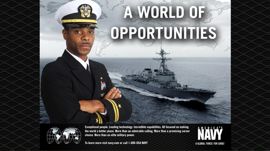 Promotional Navy image of male soldier overlaid with ship in backdrop.