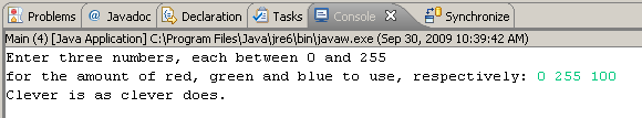 Input from the console of three numbers for the amount of red, green and blue