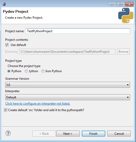 New Python Project dialog in Eclipse