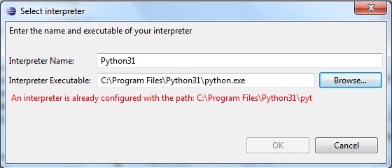 Select Python Interpreter dialog in Eclipse IDE