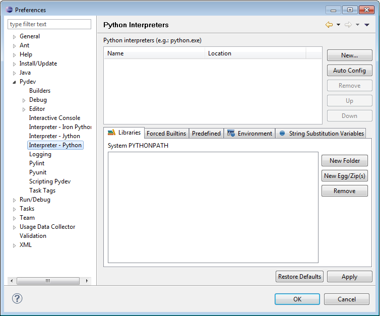 Python Interpreter at Eclipse Preferences