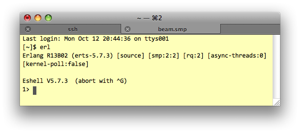 Screen shot of Erlang shell prompt