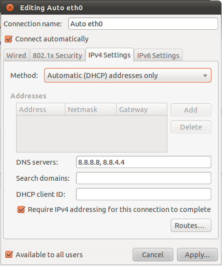Screenshot of Ubuntu Auto eth0 settings