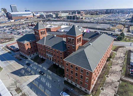 Arial shot of the Union 525 building in downtown Indianapolis.