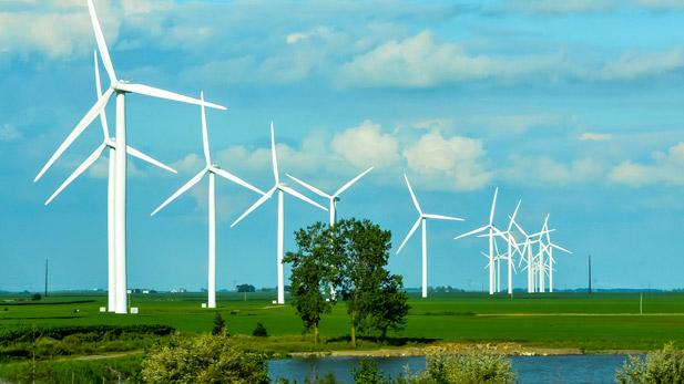 Windmills in an agricultural setting.