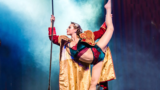 A female performer in costume poses on stage during a Cirque Mechanics performance