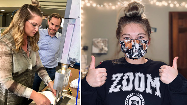 Two images: one of Shannon Kerns making a mask and the other of Kayla Harding wearing a mask giving a thumbs up.