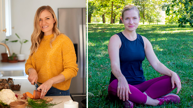 Two images: One shows Caroline Anderson Milton cutting up vegetables in a kitchen, the other shows her sitting in the grass in a yoga outfit.