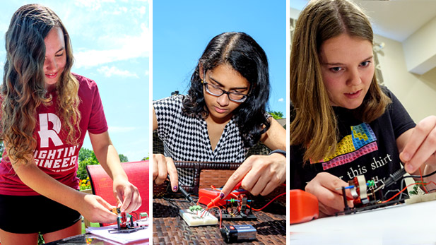 The image shows three different students working at their homes on Creation Crates projects.