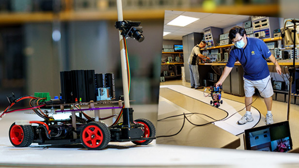 There are two images. Left: An autonomous vehicle. Right: A professor holds an autonomous vehicle on a course in front of a webcam.
