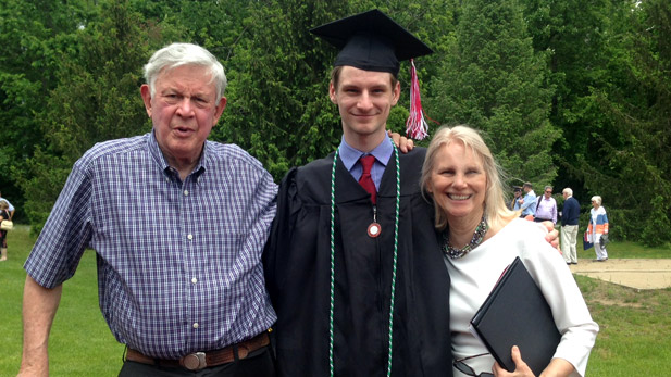 Bev and Marian Compton stand with their son at Rose-Hulman on Commencement Day.