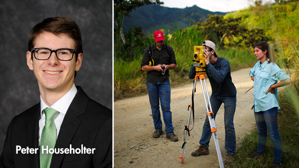 Images show Peter Householter in a jacket and tie and also show him working with two fellow students on a civil engineering project in Ecuador.