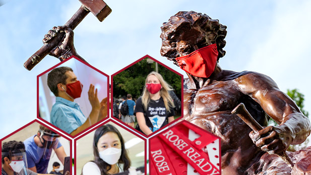 Image shows Self-made Man statue wearing a mask and sub-images of students also wearing Rose-Hulman-issued masks.
