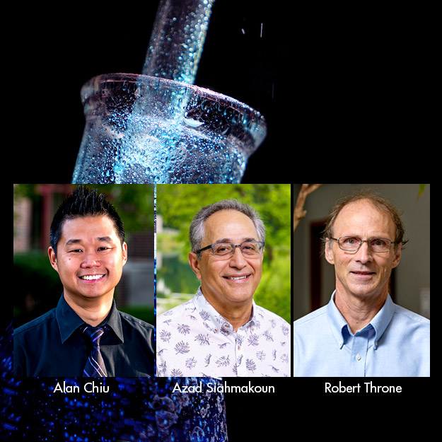 Image shows a laboratory beaker filled with blue fluid and images of all three featured professors.