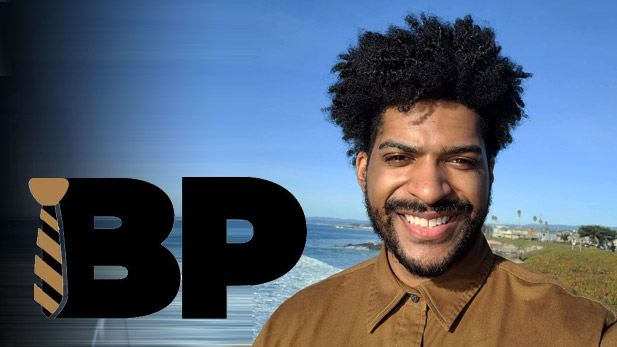 The #BlackProfessionals Project logo, the letters B and P wearing a tie, overlayed over an image of Kenton Hipsher.