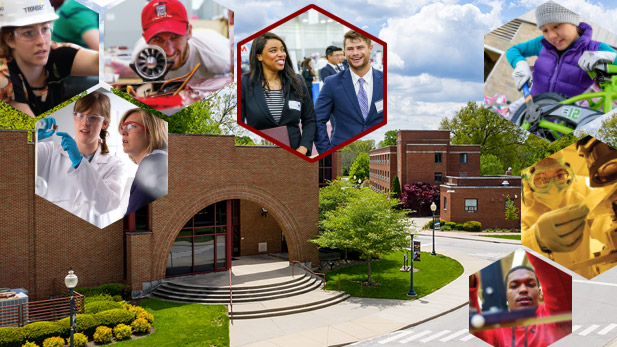 Image shows collage of students working on projects over the top of an image from campus showing the Olin Advanced Learning Center in the foreground and BSB Residence Hall in the distance.