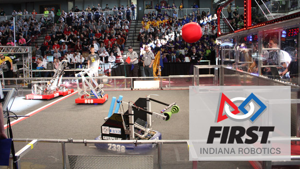Competition robots battle it out at the First Robotics competition at Rose-Hulman.