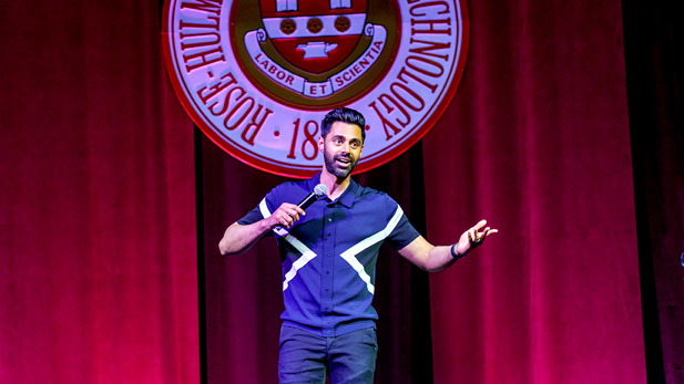 Hasan Minhaj performing at Rose-Hulman.