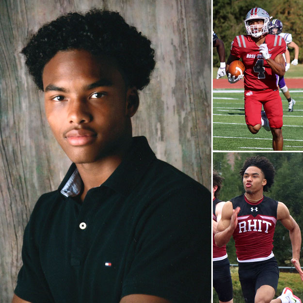 Collage of Jailen Hobbs headshot, sprinting and playing football.