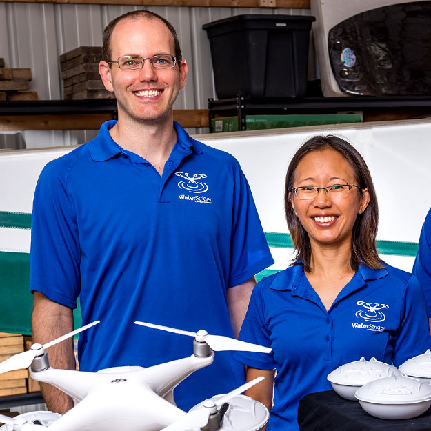 Photo collage showing Marcie and Adam Morrison and their drones.