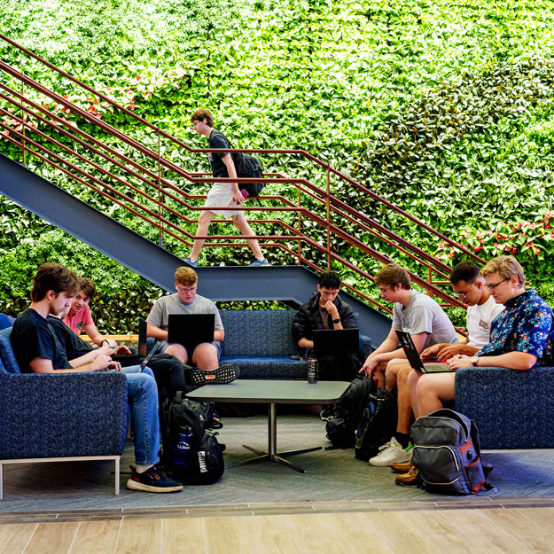 Students walking in Rose-Hulman's renovated Moench Hall.